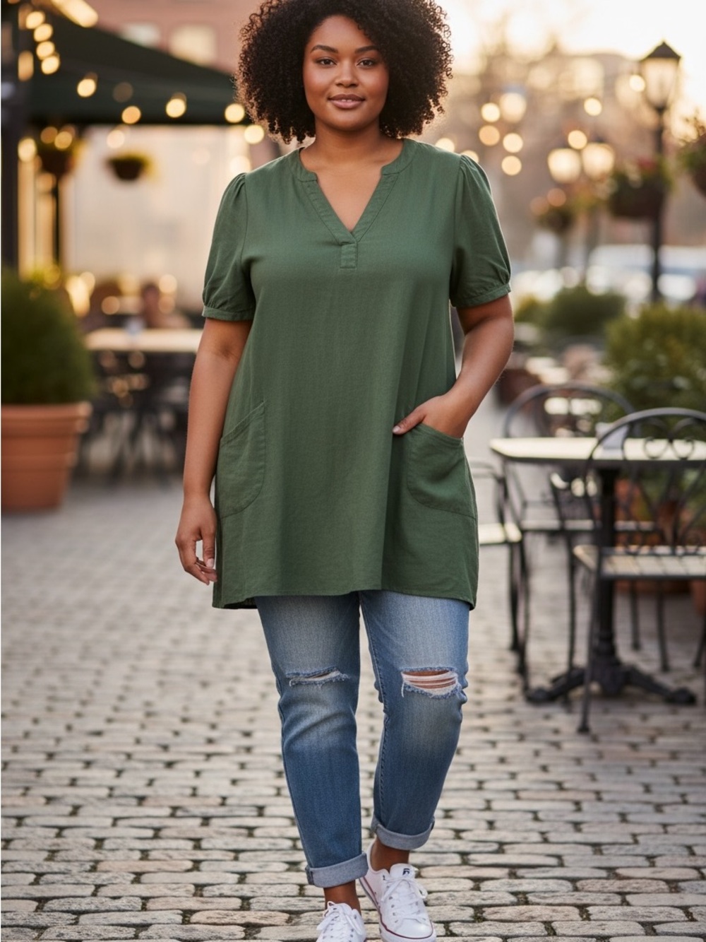 MARIE CLAIRE Olive Green Short Sleeve V-Neck Tunic size xl